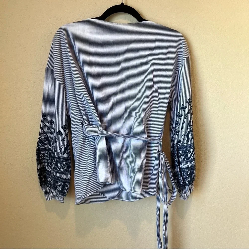 Zara Striped Embroidered puff sleeve Wrap blouse